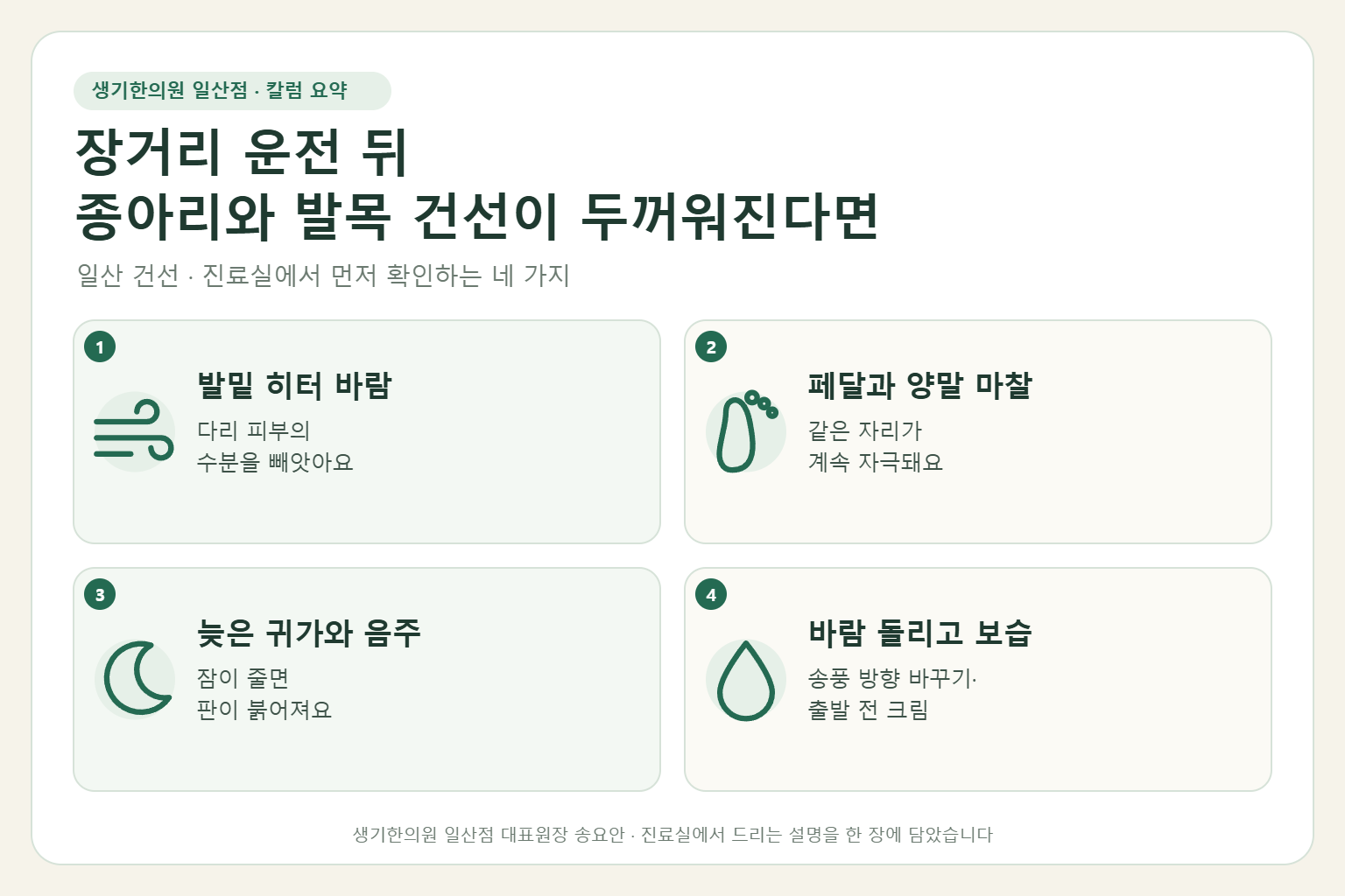 일산 건선 칼럼 요약 — 발밑 히터 바람, 페달과 양말 마찰, 늦은 귀가와 음주, 바람 돌리고 보습