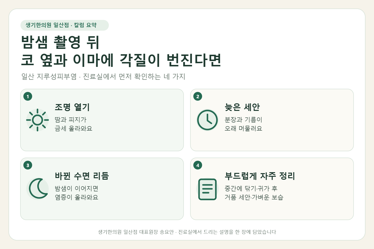 일산 지루성피부염 칼럼 요약 — 조명 열기, 늦은 세안, 바뀐 수면 리듬, 부드럽게 자주 정리