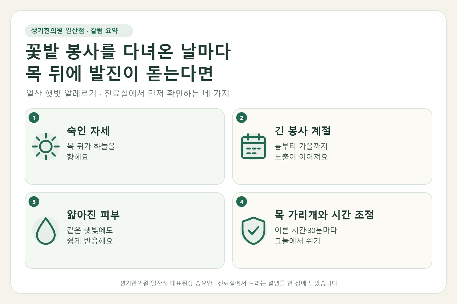 일산 햇빛알레르기 칼럼 요약 — 숙인 자세, 긴 봉사 계절, 얇아진 피부, 목 가리개와 시간 조정