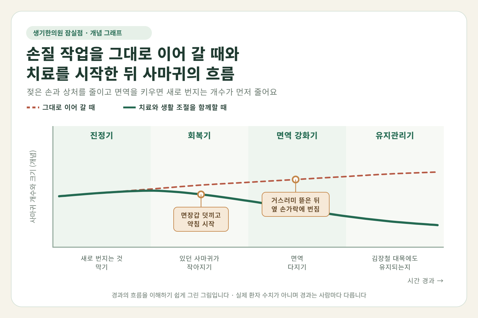 잠실 사마귀 경과 개념 그래프 — 손질 작업을 그대로 이어 갈 때와 한약·약침 치료와 생활 조절을 함께할 때 사마귀 개수와 크기의 흐름 비교