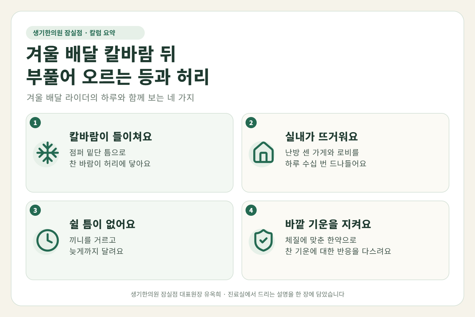 잠실 한랭두드러기 핵심 요약 — 겨울 배달 칼바람과 점퍼 틈으로 드는 찬 바람, 난방 센 실내를 오가며 붓는 배달 라이더의 등·허리 한랭두드러기 원인, 구분법, 한약 치료, 겨울 배달 중 관리