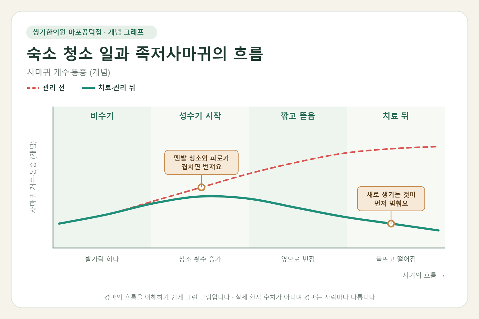 숙소 청소 일이 이어질 때 족저사마귀가 번지는 흐름 개념 그래프