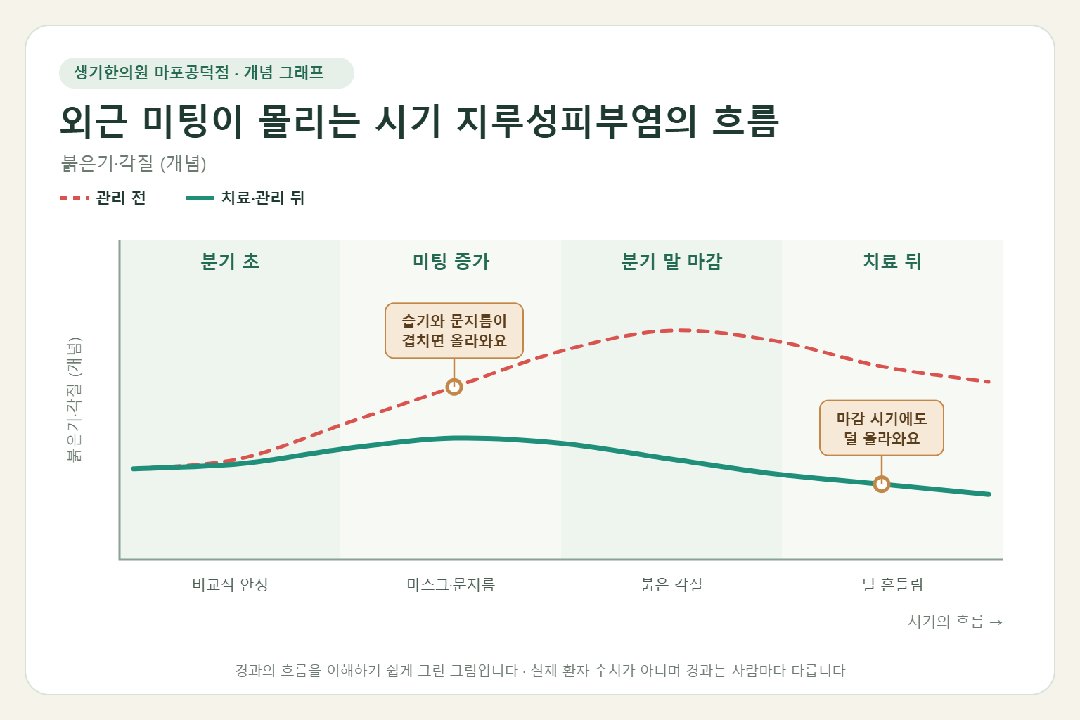 외근 미팅이 몰리는 시기에 지루성피부염이 오르내리는 흐름 개념 그래프
