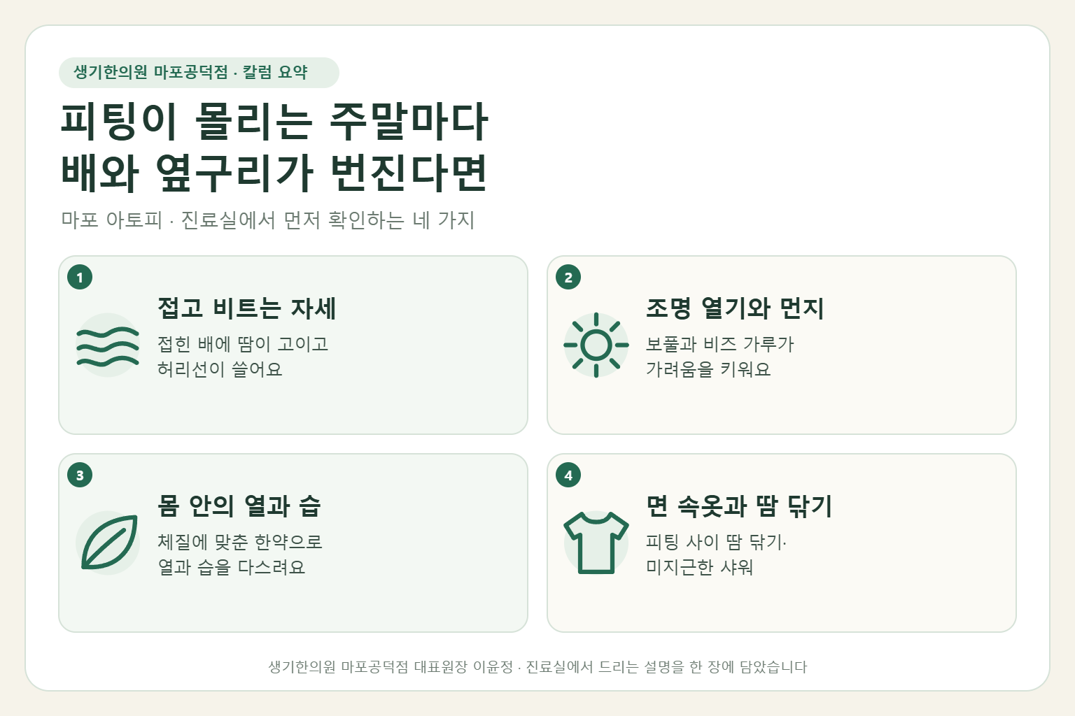 마포 아토피 칼럼 요약 — 접고 비트는 자세, 조명 열기와 먼지, 몸 안의 열과 습, 면 속옷과 땀 닦기