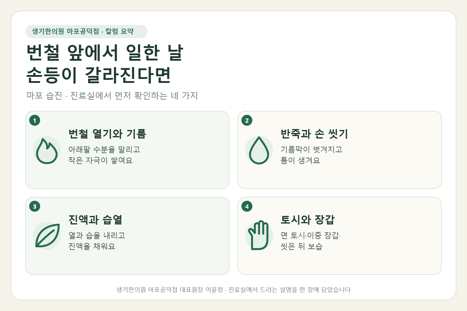 마포 습진 칼럼 요약 — 번철 열기와 기름, 반죽과 손 씻기, 진액과 습열, 토시와 장갑