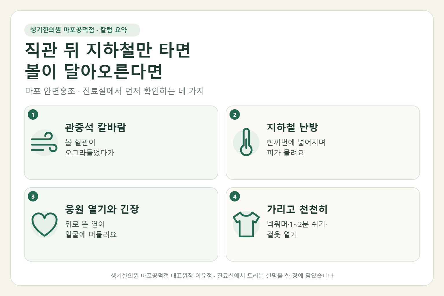마포 안면홍조 칼럼 요약 — 관중석 칼바람, 지하철 난방, 응원 열기와 긴장, 가리고 천천히