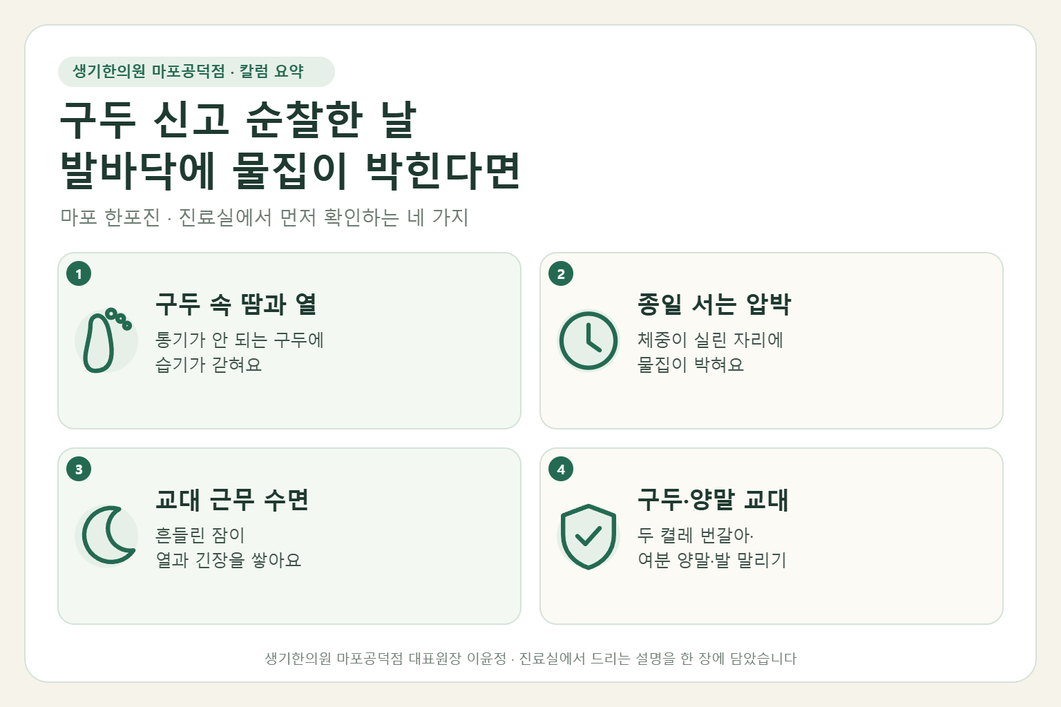 마포 한포진 칼럼 요약 — 구두 속 땀과 열, 종일 서는 압박, 교대 근무 수면, 구두·양말 교대