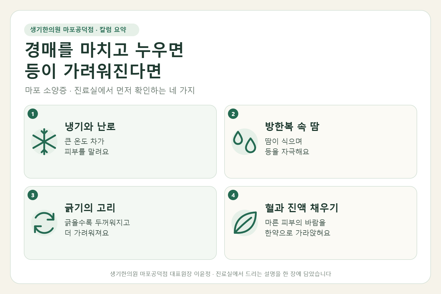 마포 소양증 칼럼 요약 — 냉기와 난로, 방한복 속 땀, 긁기의 고리, 혈과 진액 채우기
