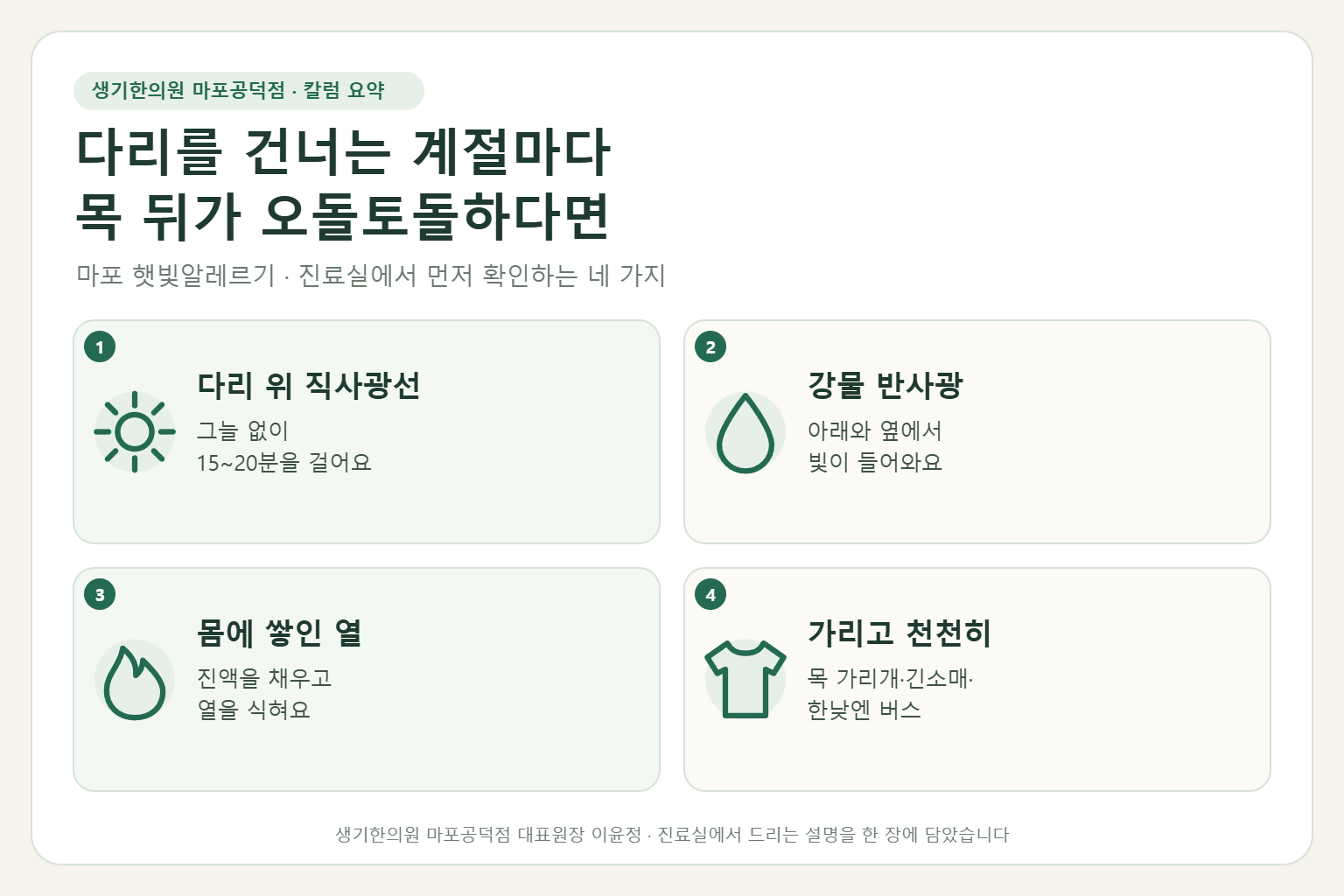 마포 햇빛알레르기 칼럼 요약 — 다리 위 직사광선, 강물 반사광, 몸에 쌓인 열, 가리고 천천히