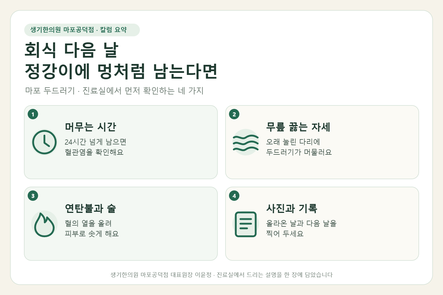 마포 두드러기 칼럼 요약 — 머무는 시간, 무릎 꿇는 자세, 연탄불과 술, 사진과 기록