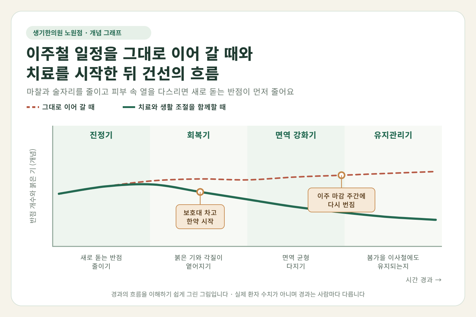 노원 건선 경과 개념 그래프 — 이주철 일정을 그대로 이어 갈 때와 한약 치료와 생활 조절을 함께할 때 반점 개수와 붉은 기의 흐름 비교