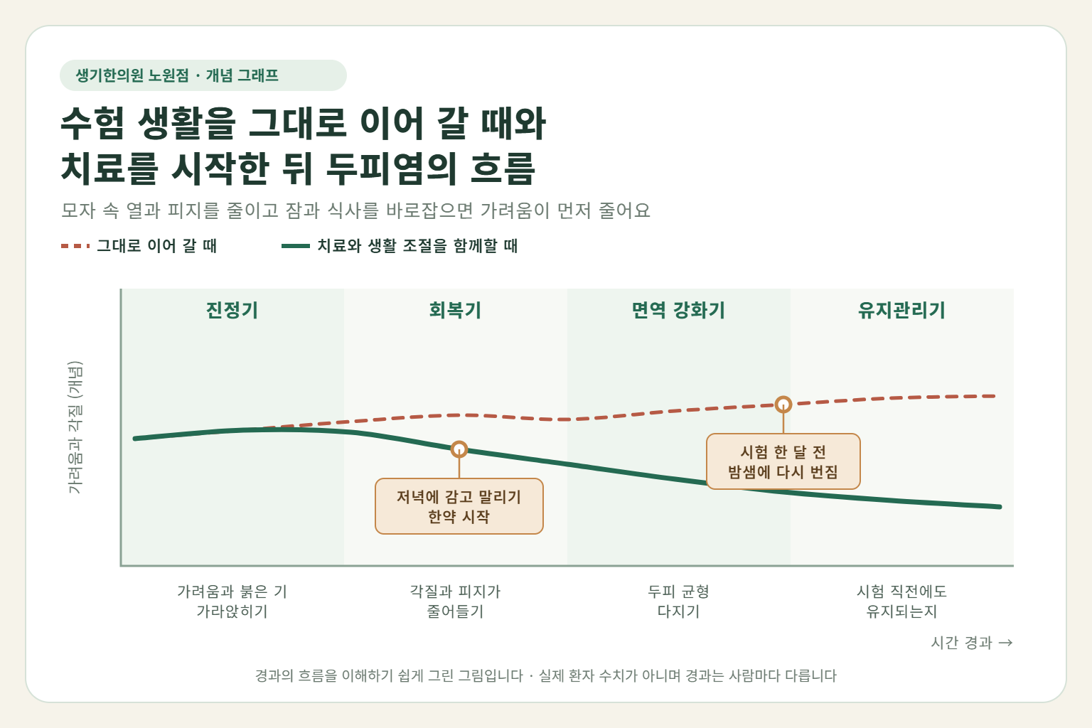 노원 지루성두피염 경과 개념 그래프 — 수험 생활을 그대로 이어 갈 때와 한약 치료와 생활 조절을 함께할 때 가려움과 각질의 흐름 비교