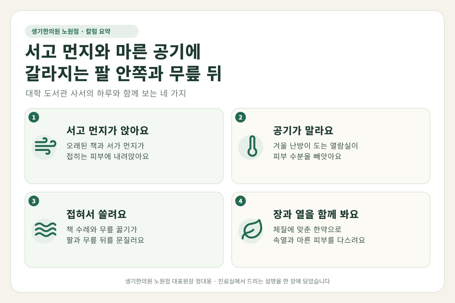 노원 아토피 핵심 요약 — 서고 먼지와 건조한 난방 공기, 책 수레와 서가 정리의 마찰에 갈라지는 도서관 사서의 팔 안쪽·무릎 뒤 아토피 원인, 구분법, 한약 치료, 근무 중 관리