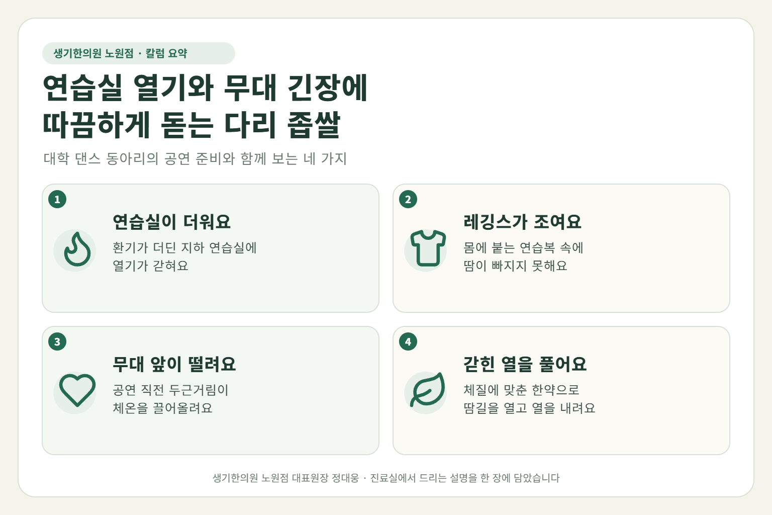 노원 콜린성두드러기 핵심 요약 — 지하 댄스 연습실의 열기와 몸에 붙는 연습복, 무대 직전 긴장에 따끔하게 돋는 다리 콜린성두드러기 원인, 구분법, 한약·뜸 치료, 연습 날 관리