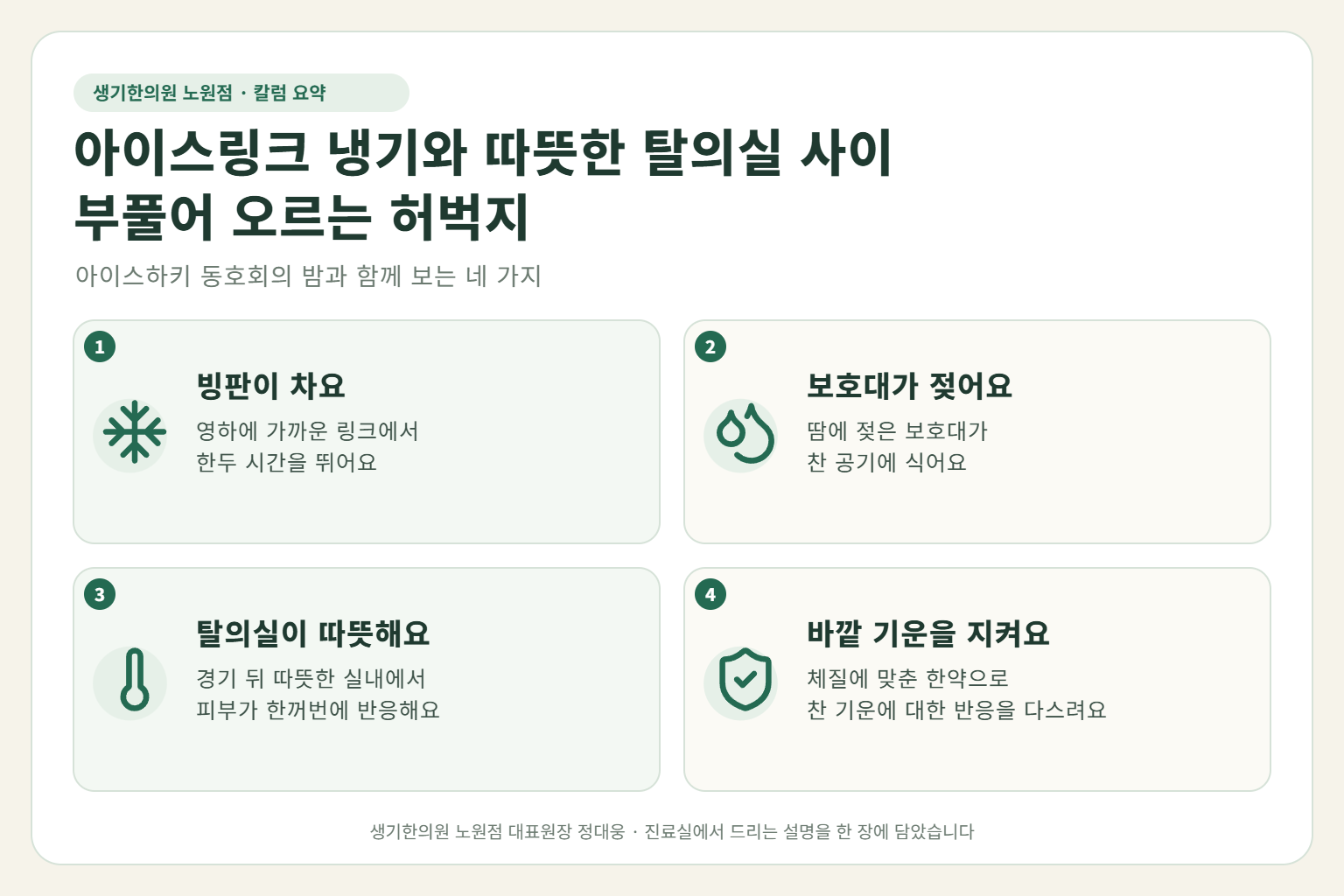 노원 한랭두드러기 핵심 요약 — 아이스링크의 냉기와 땀에 젖은 보호대, 경기 뒤 따뜻한 탈의실과 샤워실에서 붓는 아이스하키 동호인의 허벅지 한랭두드러기 원인, 구분법, 한약 치료, 경기 날 관리