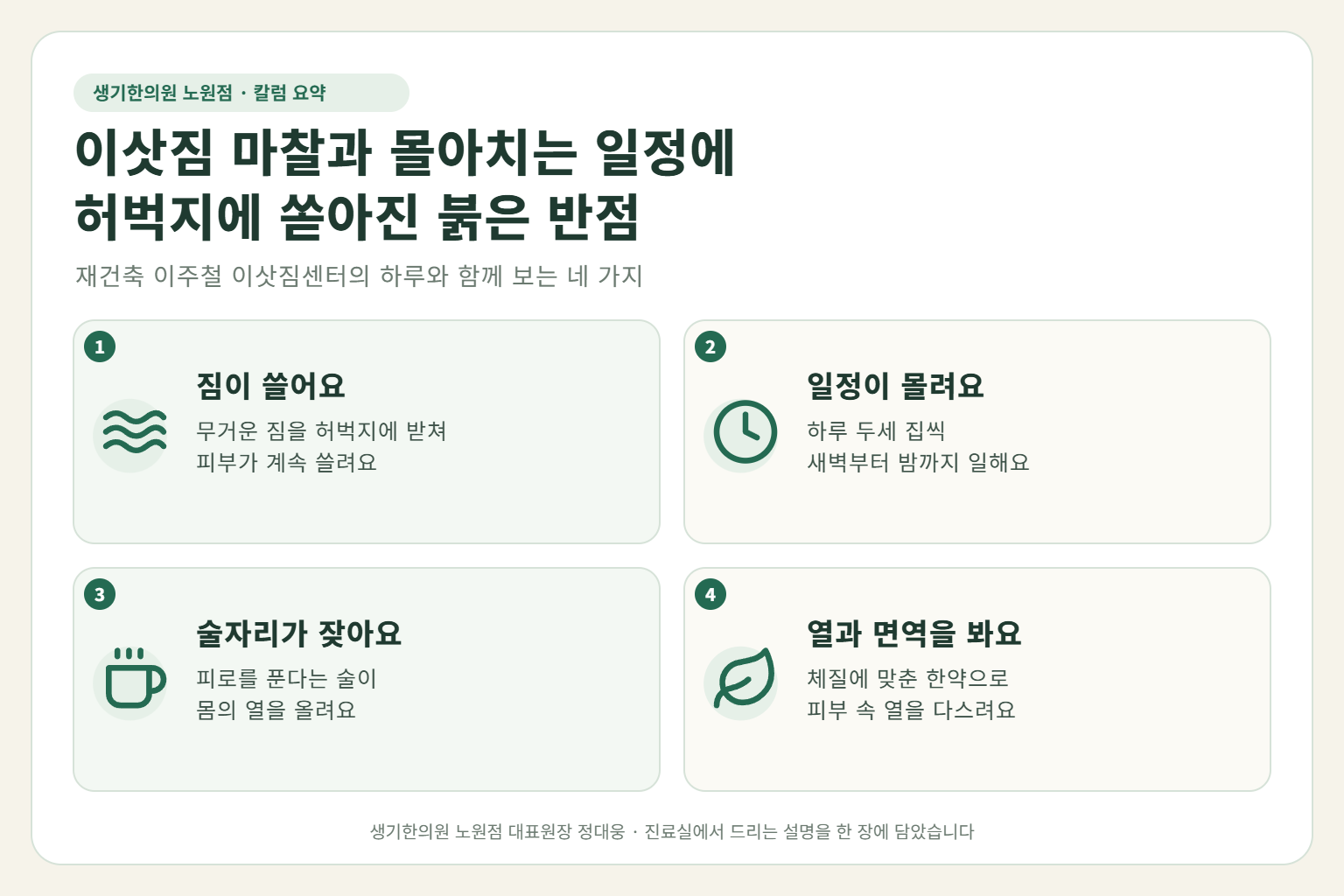 노원 건선 핵심 요약 — 이삿짐을 허벅지에 받쳐 드는 마찰과 몰아치는 이주철 일정, 퇴근 뒤 술과 짧은 잠에 허벅지·옆구리에 번진 물방울 모양 건선 원인, 구분법, 한약 치료, 근무 중 관리