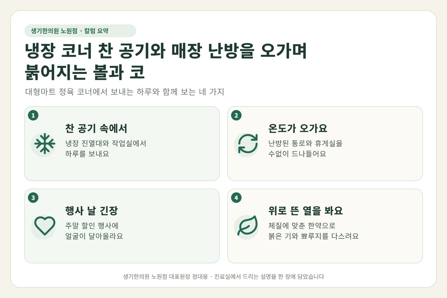 노원 주사피부염 핵심 요약 — 대형마트 정육·냉장 코너 직원의 냉장 진열대 찬 공기와 매장 난방을 오가는 온도 변화, 고객 응대 긴장으로 볼과 코가 붉어지고 뾰루지가 번지는 주사피부염 원인, 구분법, 한약 치료, 근무 중 얼굴 관리