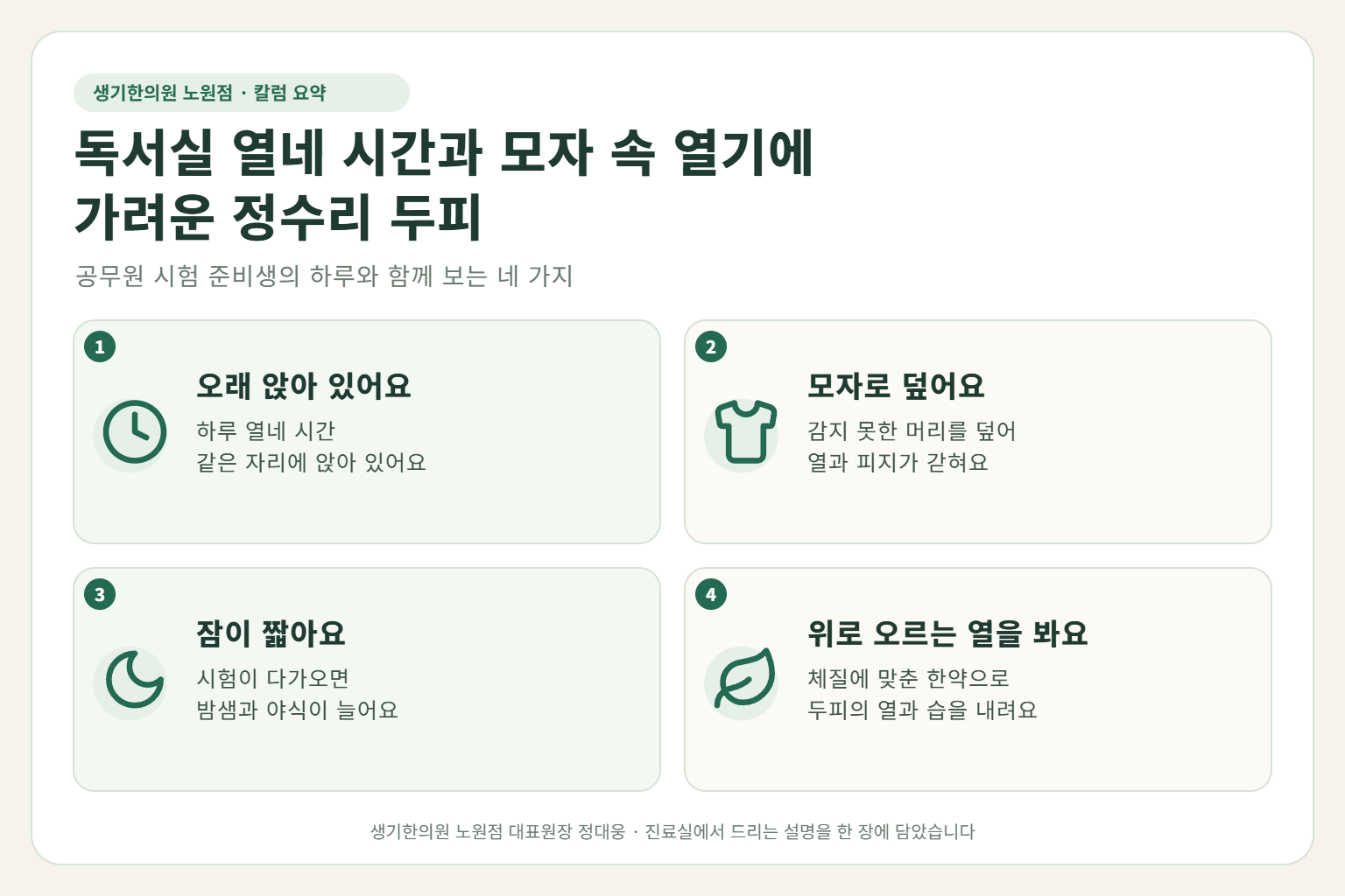 노원 지루성두피염 핵심 요약 — 독서실 장시간 공부와 모자 속 열기, 밤샘과 편의점 야식에 가렵고 각질이 쌓이는 공무원 시험 준비생의 정수리 지루성두피염 원인, 구분법, 한약 치료, 공부 중 관리