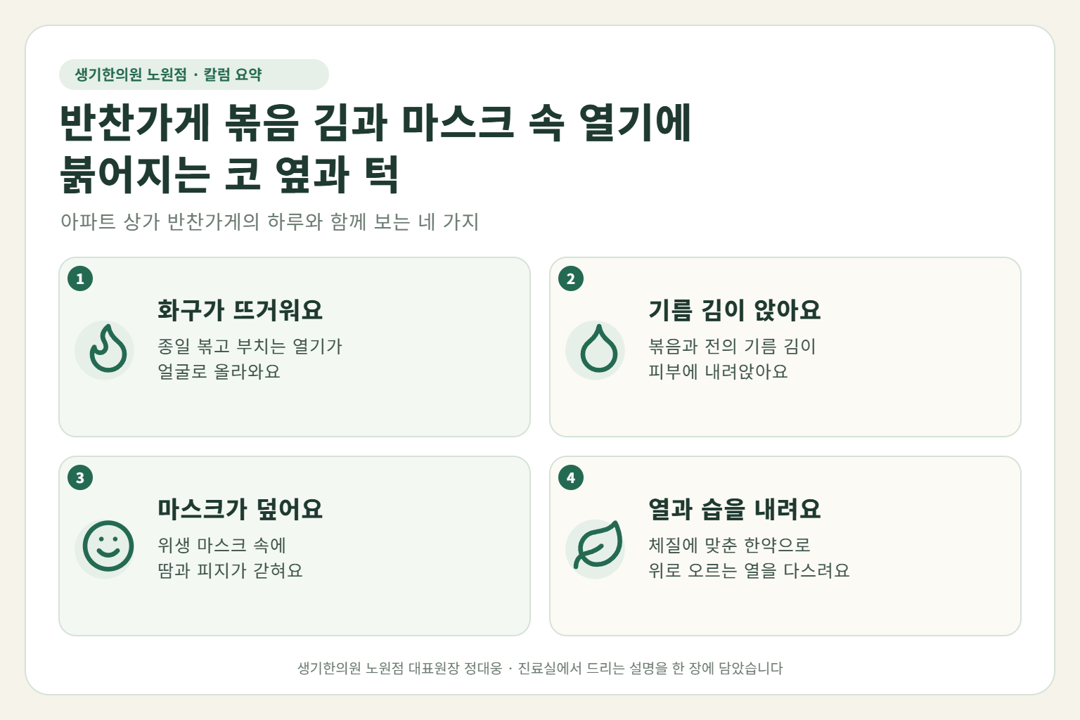 노원 지루성피부염 핵심 요약 — 반찬가게 화구 열기와 기름 김, 위생 마스크 속 땀과 피지, 새벽 기상에 붉어지는 코 옆·볼·턱 지루성피부염 원인, 구분법, 한약 치료, 근무 중 관리