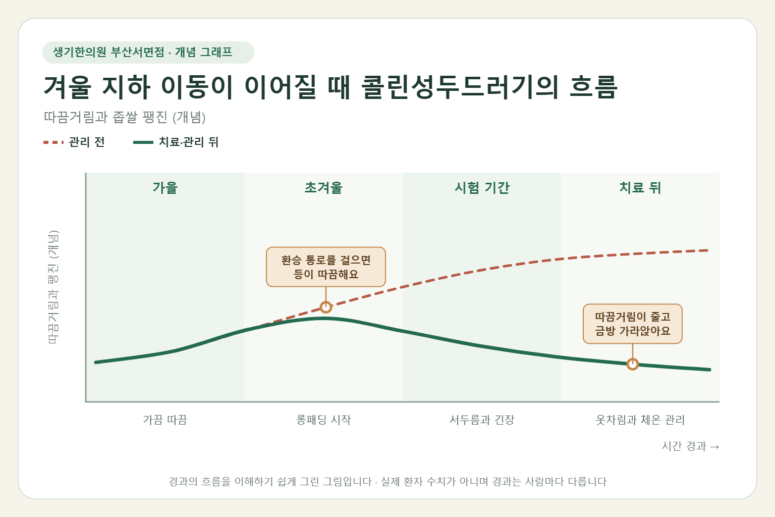 겨울 지하 이동이 이어질 때 콜린성두드러기의 흐름과 치료 뒤 변화를 그린 개념 그래프