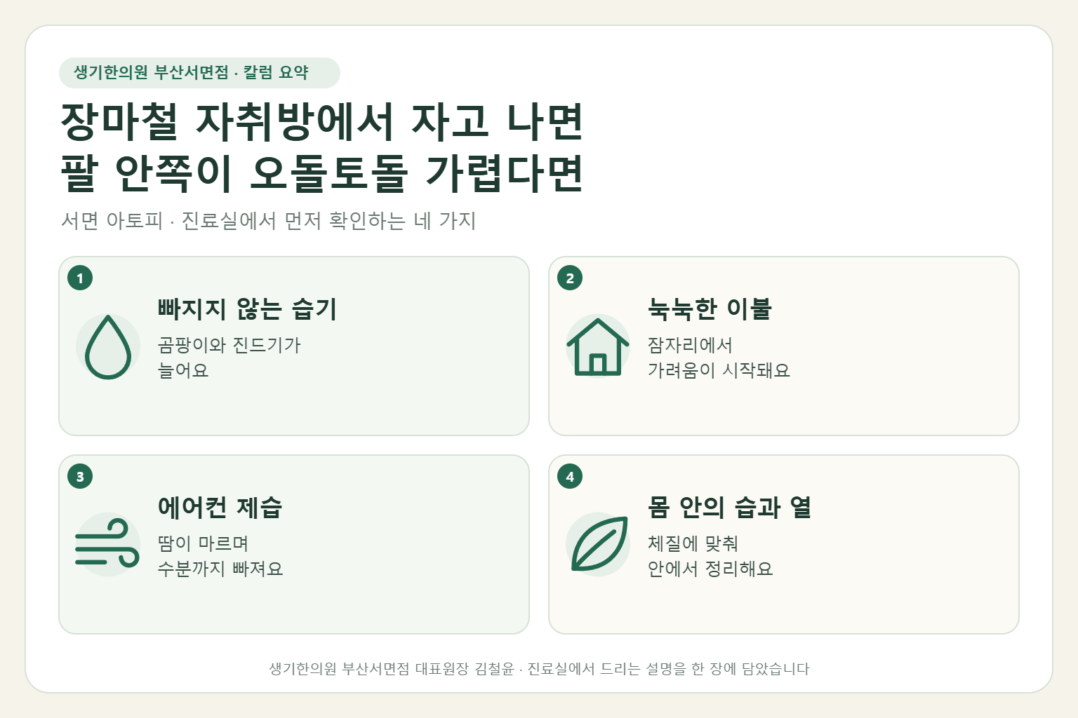 서면 아토피 진료에서 먼저 확인하는 네 가지를 정리한 요약 그림