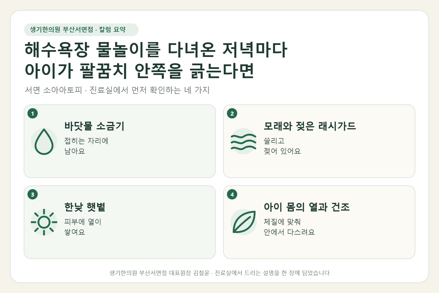 서면 소아아토피 진료에서 먼저 확인하는 네 가지를 정리한 요약 그림