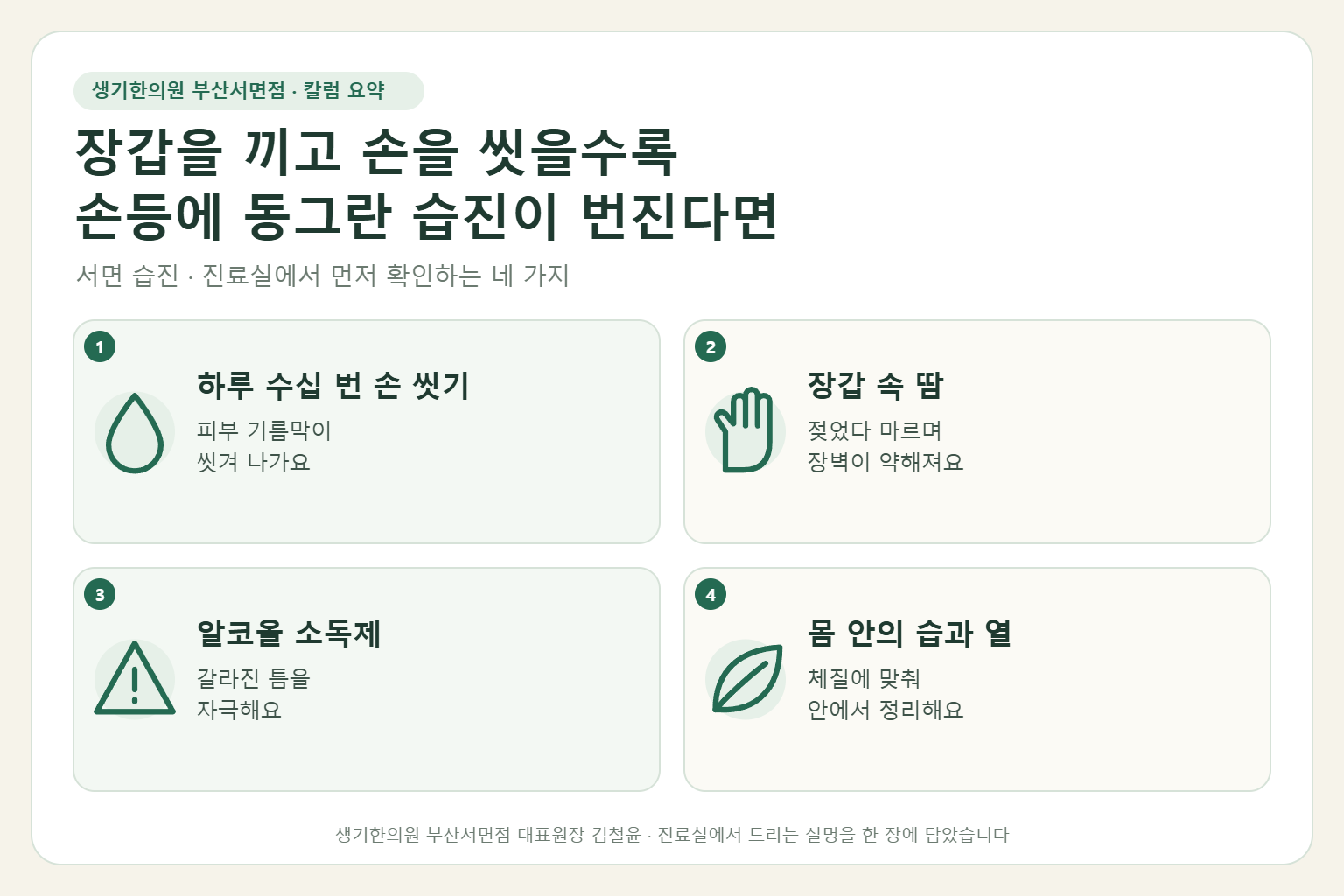 서면 습진 진료에서 먼저 확인하는 네 가지를 정리한 요약 그림