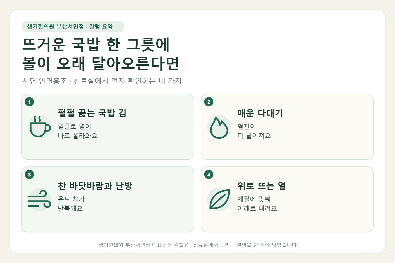 서면 안면홍조 진료에서 먼저 확인하는 네 가지를 정리한 요약 그림