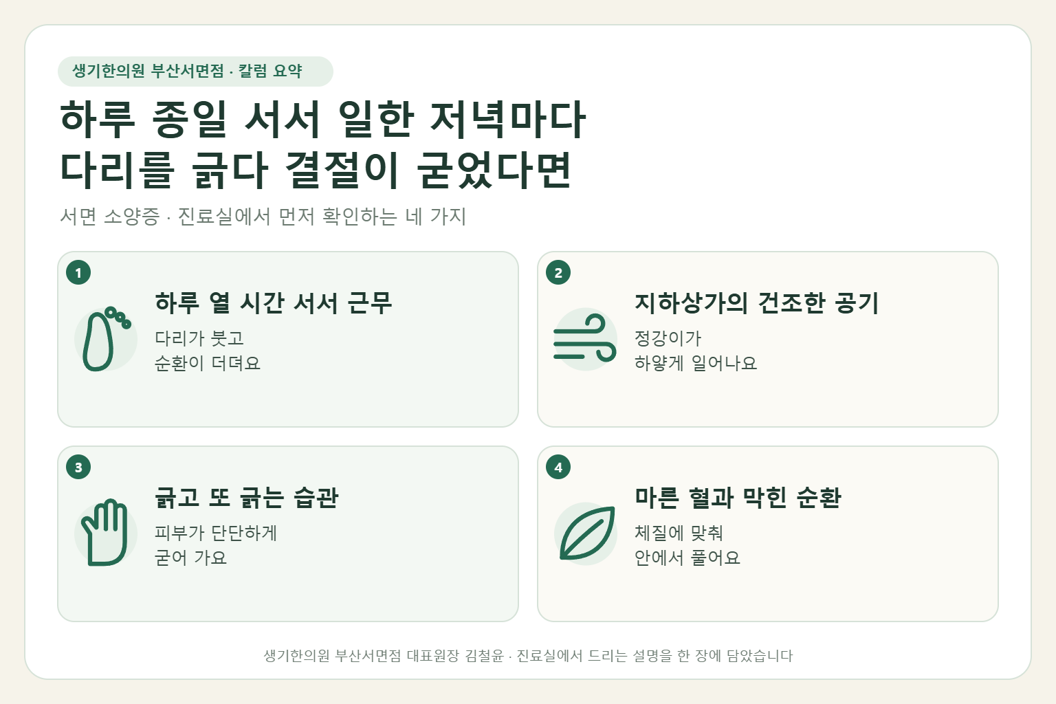 서면 소양증 진료에서 먼저 확인하는 네 가지를 정리한 요약 그림