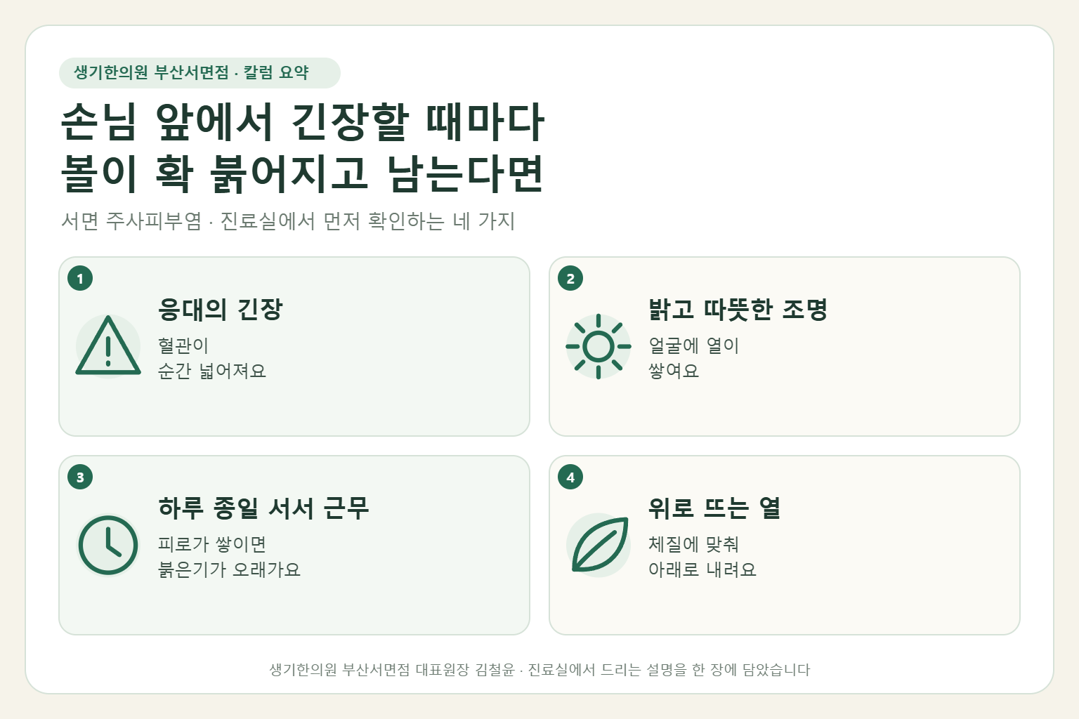 서면 주사피부염 진료에서 먼저 확인하는 네 가지를 정리한 요약 그림