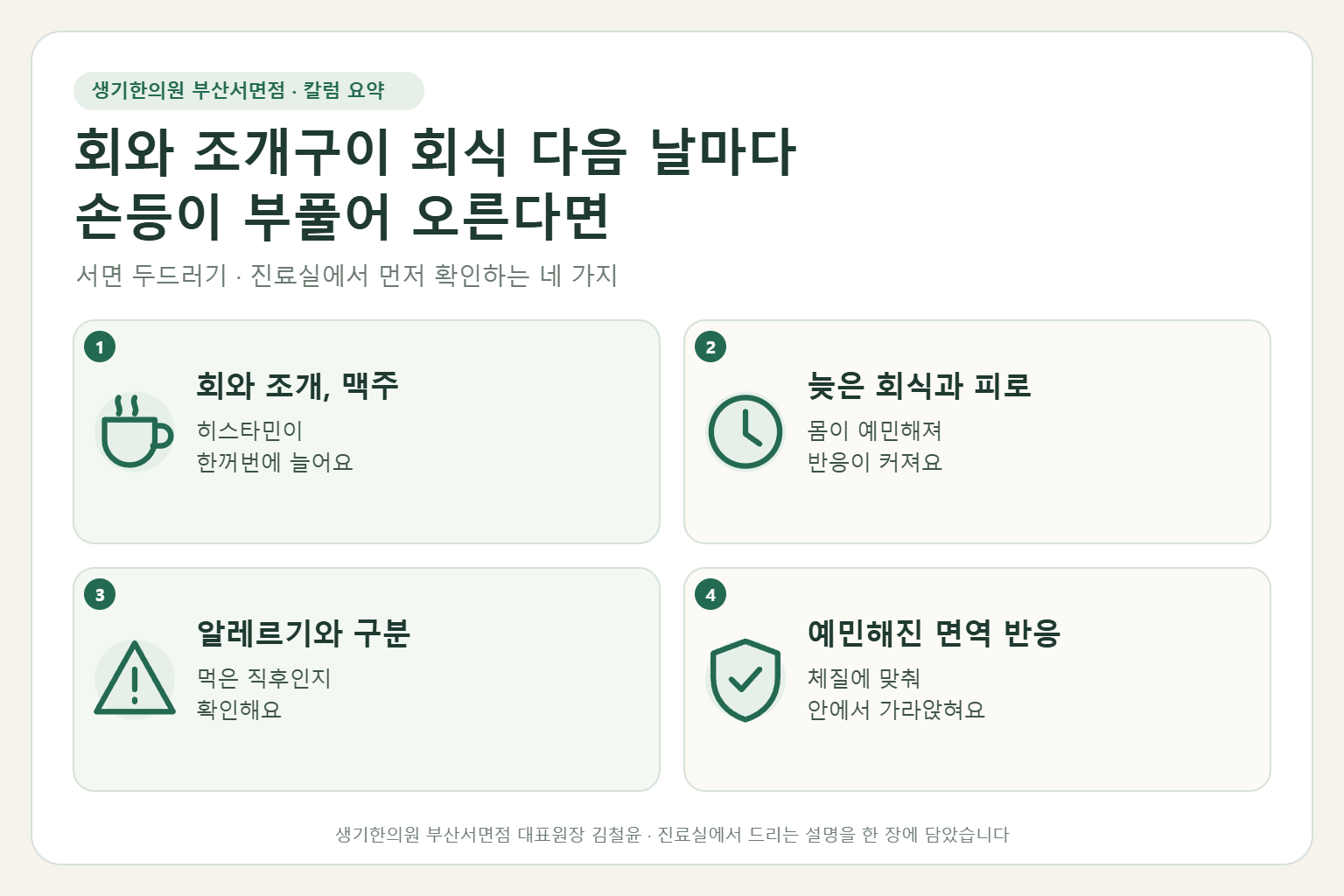 서면 두드러기 진료에서 먼저 확인하는 네 가지를 정리한 요약 그림
