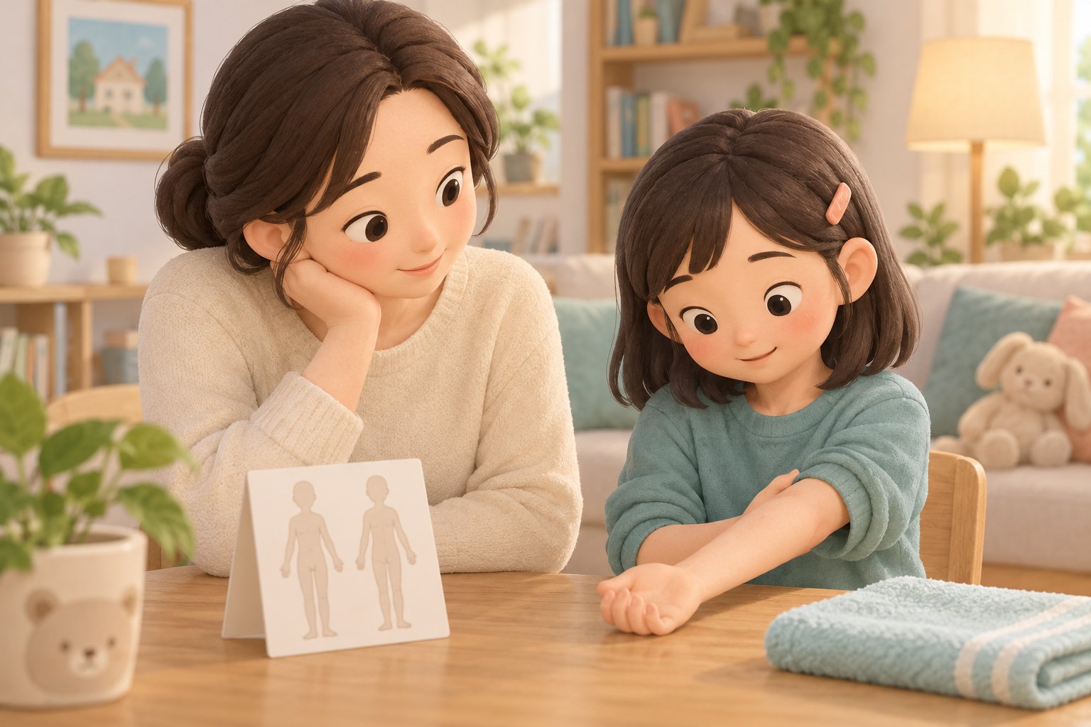 보호자와 아이가 팔의 피부 상태를 함께 살펴보는 AI 생성 이미지