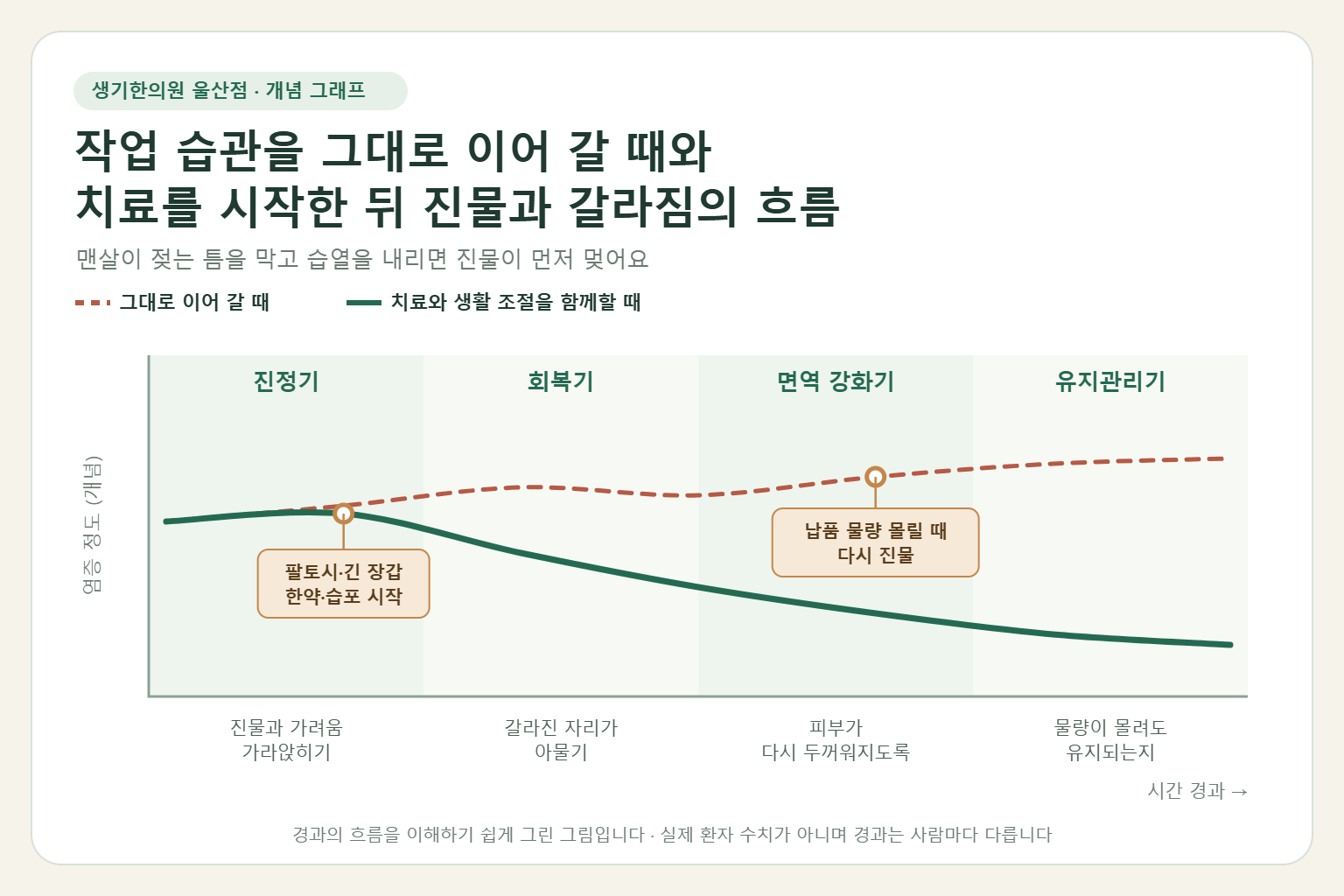 울산 습진 경과 개념 그래프 — 작업 습관을 그대로 이어 갈 때와 한약 치료와 습포·드레싱을 함께할 때 진물과 갈라짐의 흐름 비교