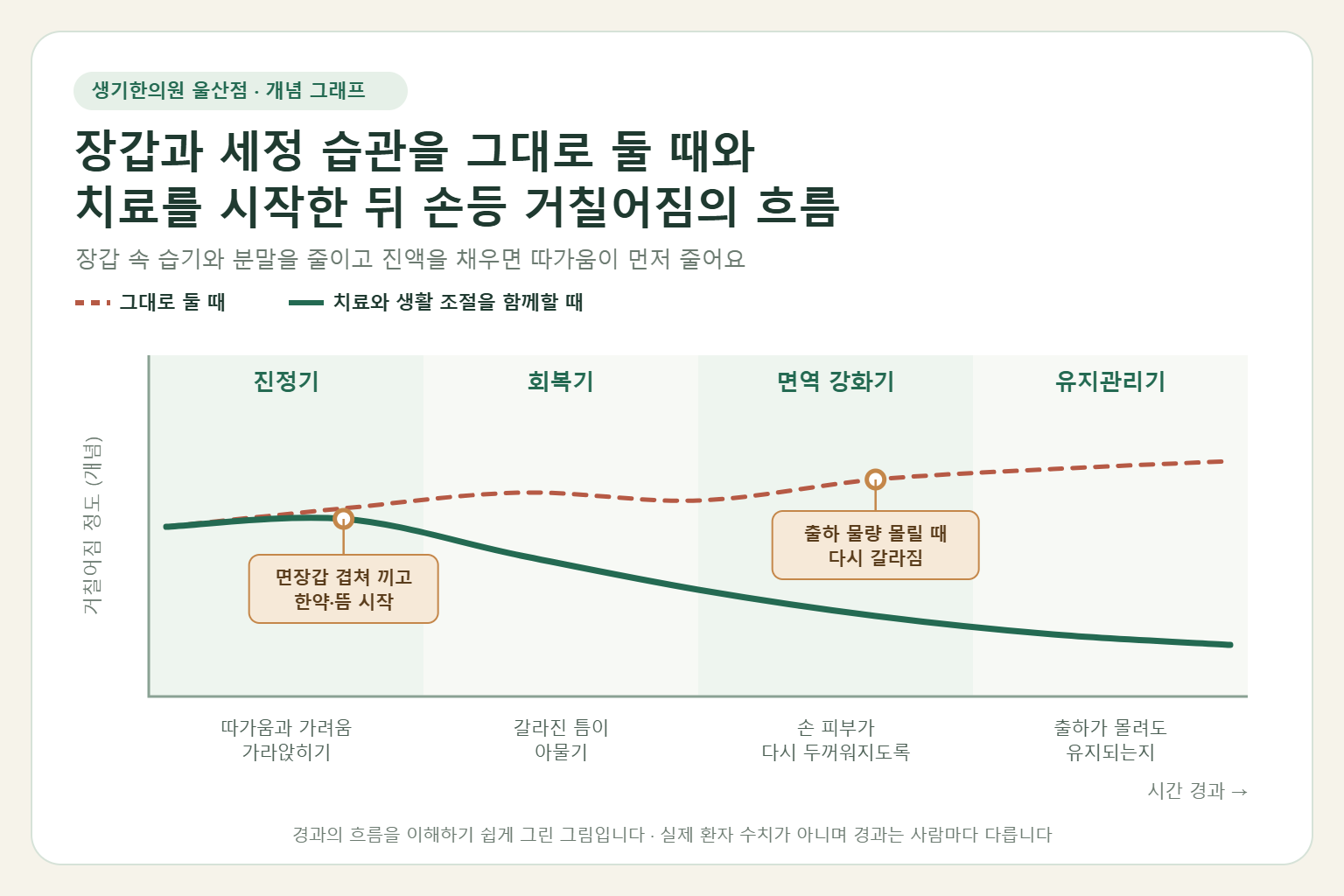 울산 주부습진 경과 개념 그래프 — 장갑과 세정 습관을 그대로 둘 때와 한약 치료와 뜸을 함께할 때 손등 거칠어짐의 흐름 비교