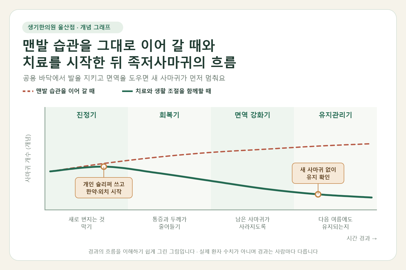울산 족저사마귀 경과 개념 그래프 — 맨발 습관을 그대로 이어 갈 때와 한약 치료와 외치를 함께할 때 족저사마귀의 흐름 비교