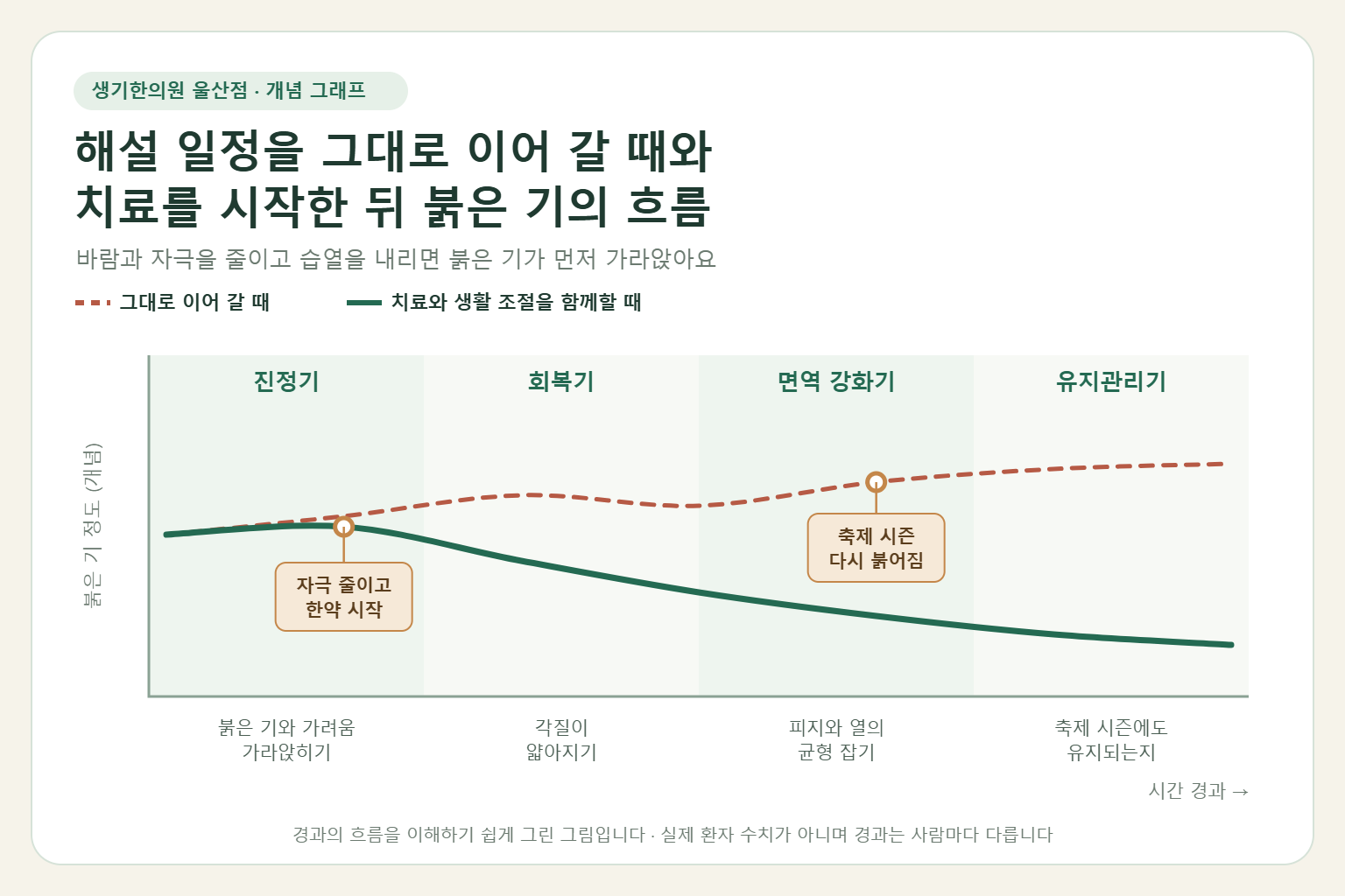 울산 지루성피부염 경과 개념 그래프 — 해설 일정을 그대로 이어 갈 때와 한약 치료와 생활 조절을 함께할 때 붉은 기의 흐름 비교