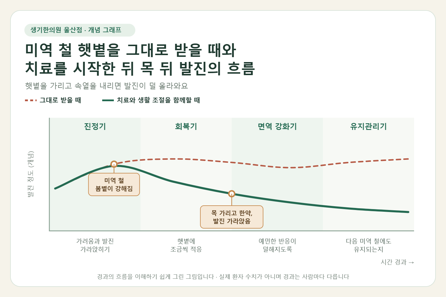 울산 햇빛알레르기 경과 개념 그래프 — 미역 철 햇볕을 그대로 받을 때와 한약 치료와 생활 조절을 함께할 때 목 뒤 발진의 흐름 비교