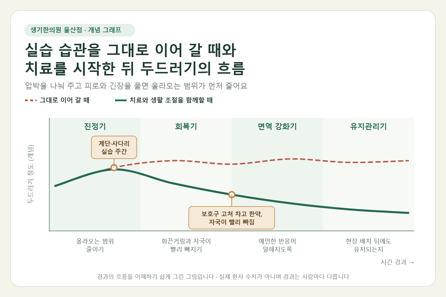 울산 두드러기 경과 개념 그래프 — 실습 습관을 그대로 이어 갈 때와 한약 치료와 생활 조절을 함께할 때 두드러기의 흐름 비교