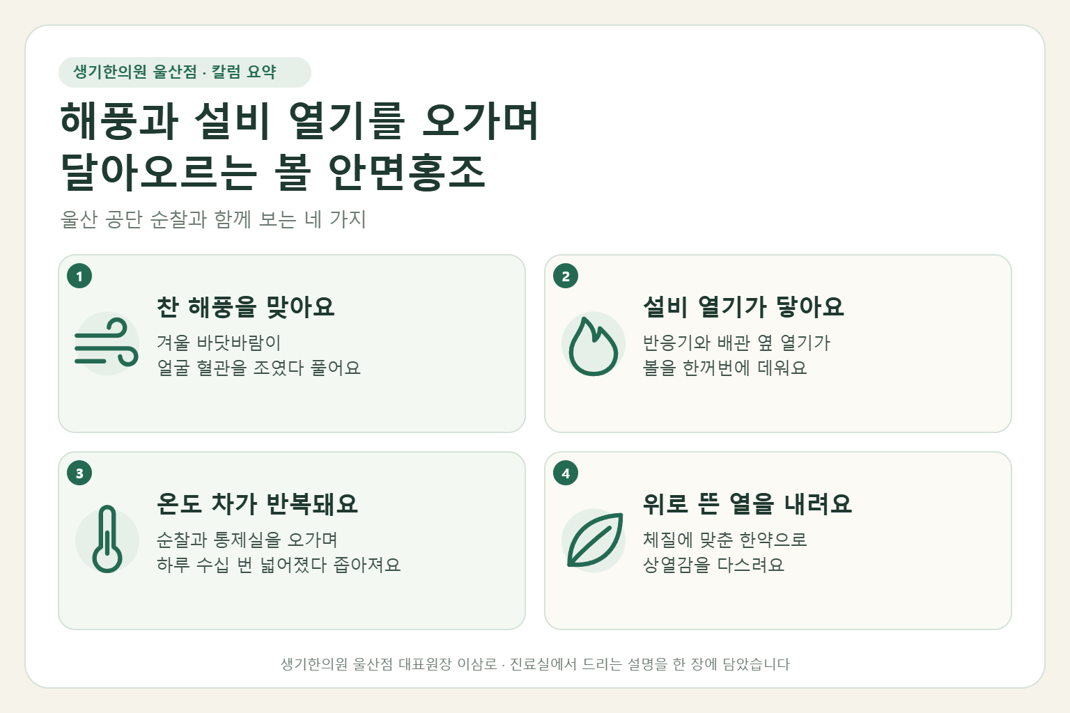 울산 안면홍조 핵심 요약 — 겨울 해풍과 설비 열기, 난방 통제실을 오가며 달아오르는 공단 운전원의 볼 안면홍조 원인, 구분법, 한약 치료, 순찰 중 관리