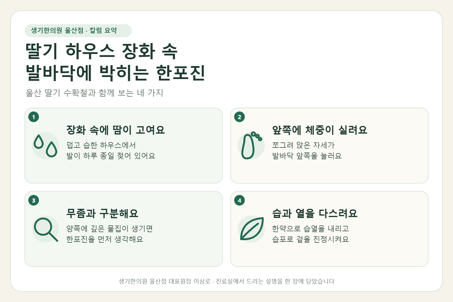 울산 한포진 핵심 요약 — 딸기 하우스의 열기와 습기, 장화 속 땀에 생긴 발바닥 앞쪽과 발가락 한포진의 원인, 구분법, 한약 치료와 습포, 수확철 발 관리