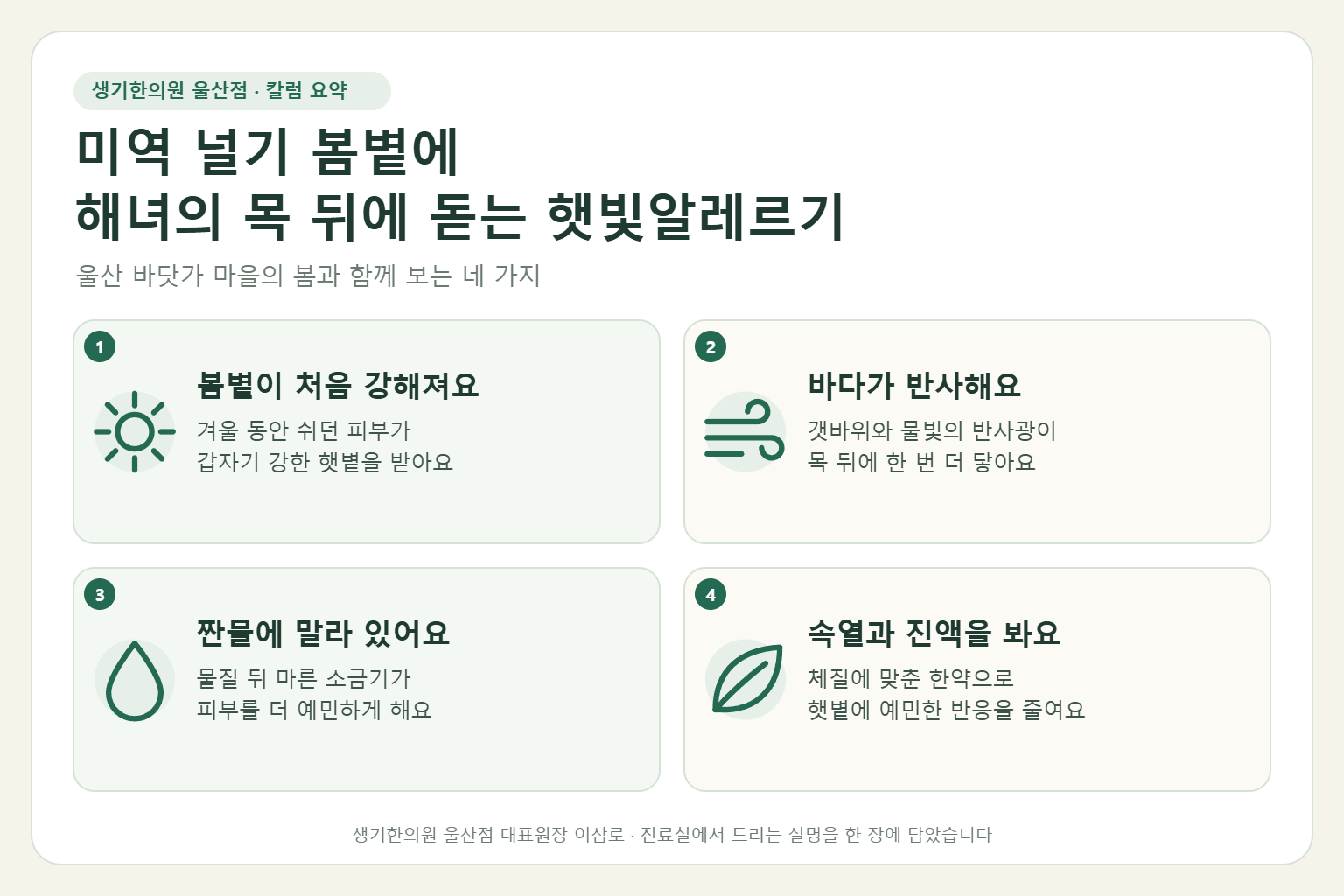울산 햇빛알레르기 핵심 요약 — 미역 철 봄볕과 바다 반사광에 해녀의 목 뒤에 돋는 햇빛알레르기의 원인, 구분법, 한약 치료, 햇볕 관리